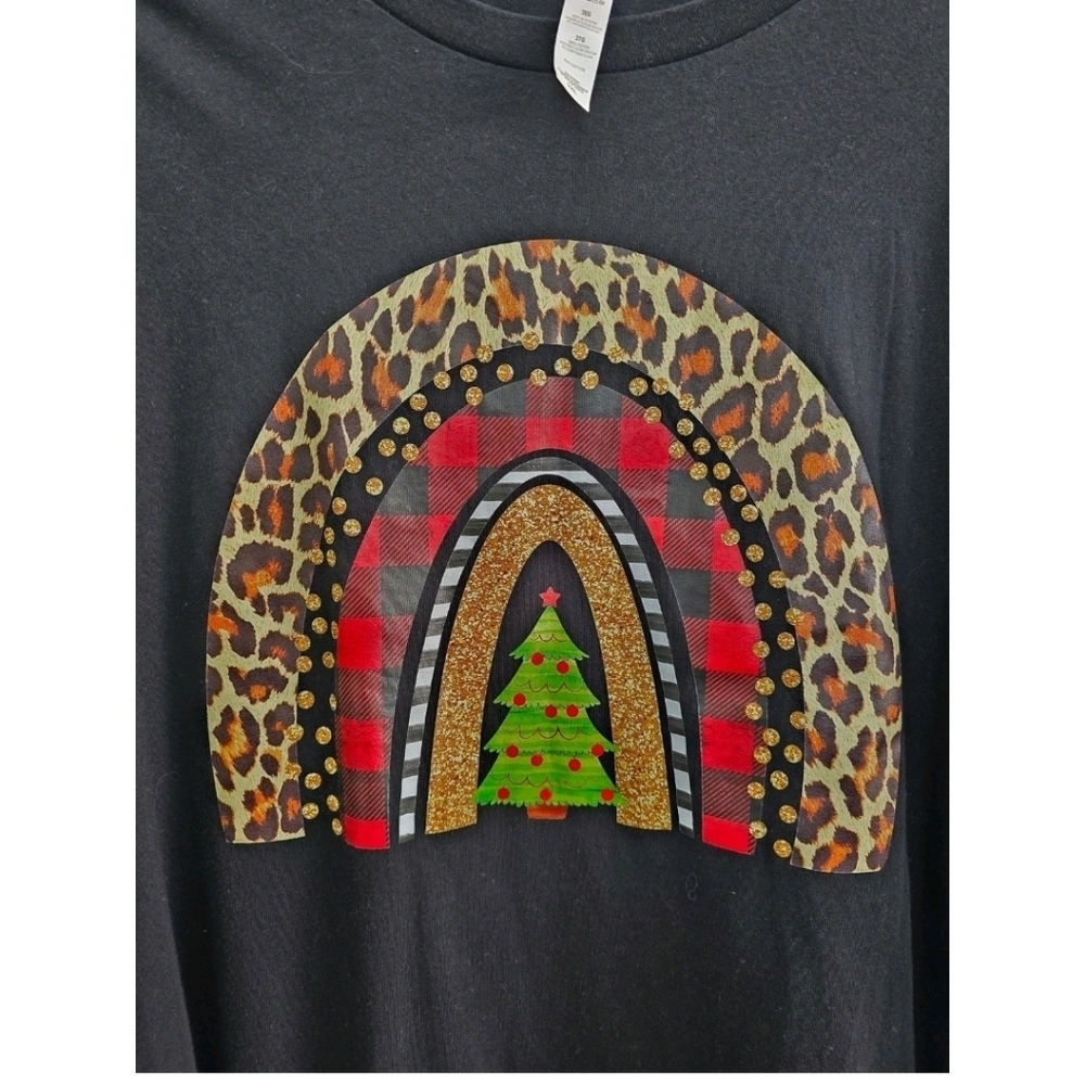 Christmas Long Sleeve Black T Shirt Leopard Plaid Christmas Tree Size 3X Holiday - Picture 4 of 6